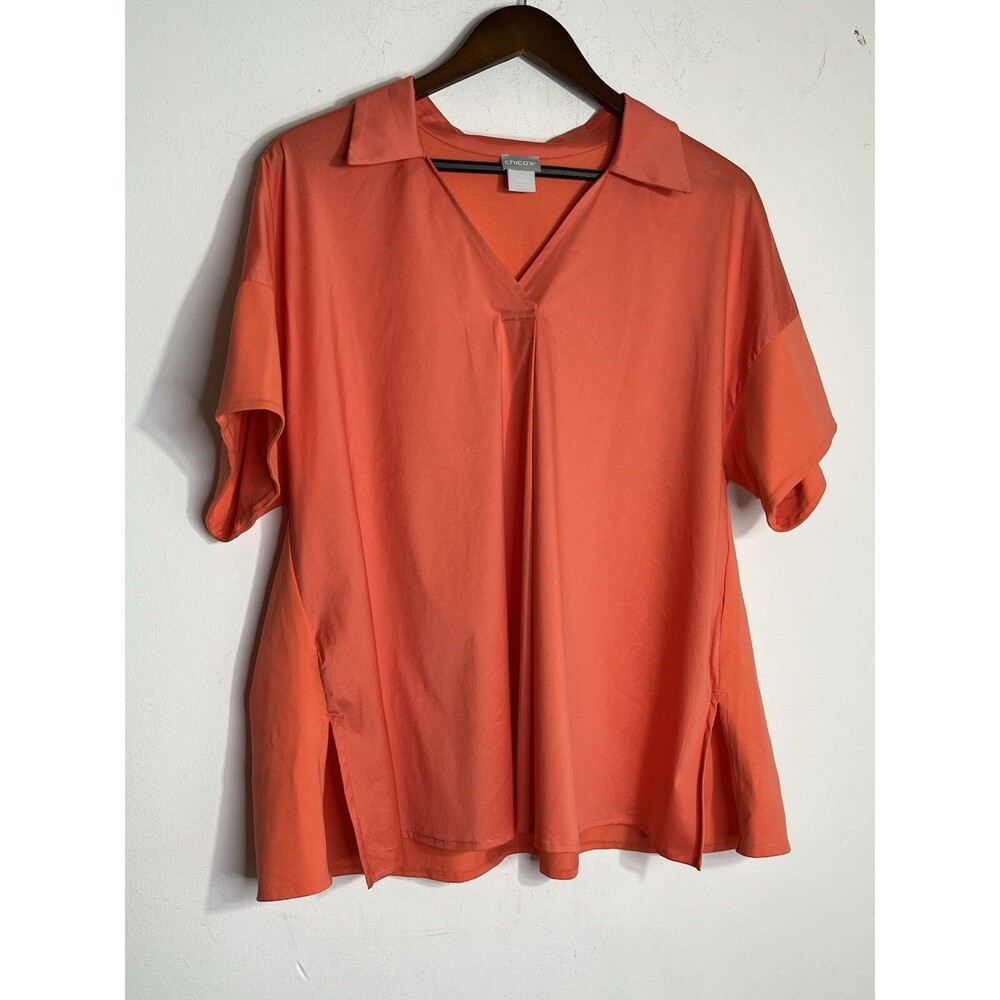Chicos Hummingbird Orange Short Sleeve Shirt Womens 2 US L (13)